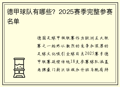 德甲球队有哪些？2025赛季完整参赛名单